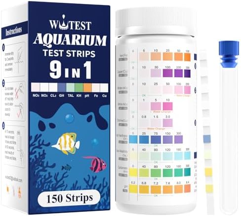 9-Way Aquarium Test Strips - 150 Aquarium Water Test Kit Fish Tank Test Kit Quick & Accurate Testing Iron Copper Nitrate Nitrite Chlorine Total Hardness Total Alkalinity Carbonate pH