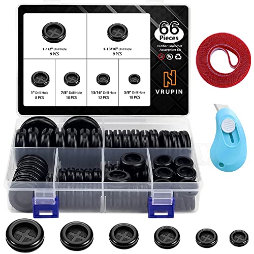 Vrupin 66Pcs Rubber Grommet Assorted Kit, Drill Hole Firewall Hole Plugs Wire Protection, 6 Sizes 1-13/16" 1-1/2" 1" 7/8" 5/8" 3/16"