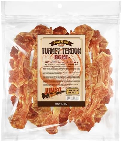 Gootoe Turkey Tendon Dog Treats 1 lb (Pack of 1) – Bone (M), 100% USA Sourced Turkey, Natural Snack, Premium Puppy Chews, Hypoallergenic, Rawhide Free, Reseal Value Bag, Size for Medium Breeds