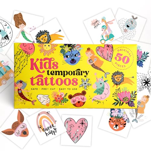 Kids Temporary Tattoos - Fairytale Style Tattoos for Kids, Hypoallergenic, Pre-Cut, 50 Pcs Original Kid Tattoos, Designs - Gift Tattoos for Boys and Girls - Made in Europe