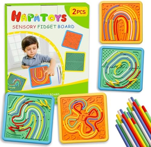 Sensory Activity Board for Kids & Adults:Double-Sided Stress Relif Sensory Board Toys with 60 Strings & Storage Bag | Calming Down Fidget Board for ADHD & Autism Boys Girls Ages 3 4 5 6 7 8 9 10（2Pcs)