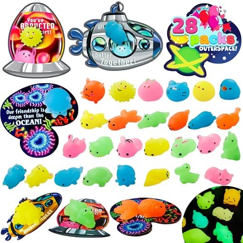 JOYIN 28 Packs Valentines Day Mochi Squishy Toys with Gift Cards, Glow in The Dark Mochis, Stress Relief Fidget Toys for Kids Valentine's Classroom Exchange, Party Favors, School Prizes