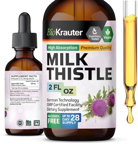 BIO KRAUTER Milk Thistle Liquid Drops - Milk Thistle Silymarin Liver Support Supplement - Alcohol & Sugar Free Tincture for Liver Cleanse Detox - 2 Fl. Oz.
