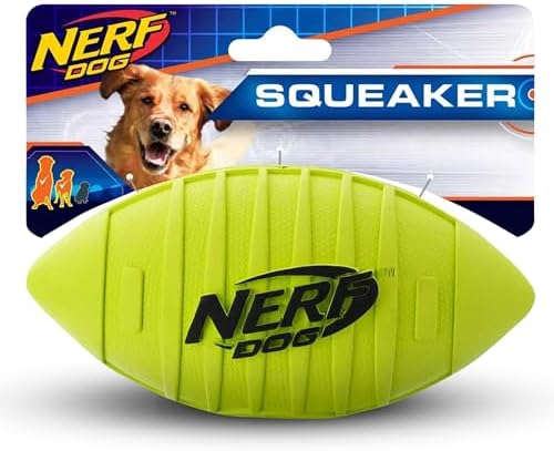 Nerf Dog Rubber Football Dog Toy with Squeaker, Lightweight, Durable and Water Resistant, 7 Inch Diameter for Medium/Large Breeds, Single Unit, Green, Model:6997