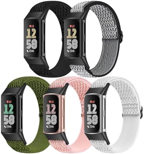 5 Pack Elastic Nylon Watch Bands Compatible for Fitbit Charge 6/Fitbit Charge 5, Adjustable Breathable Replacement Stretchy Nylon Loop Wristband Sport Strap for Women Men