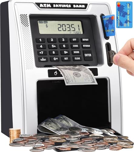 Fishboy Talking ATM Piggy Bank for Kids with Power-Off Memory, Auto-Opening Drawer, Dual Debit Cards for Real Money for Boys, Onekey Shutdown, Bill Feeder, Coin Recognition, Balance Calculator Machine