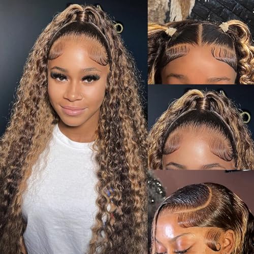 LRV 26 Inch FB/30 Ombre 13x4 Lace Front Deep Wave HD Lace Frontal Wigs FB/30 Curly Highlighted Human Hair Wet And Wavy Human Hair Wig With Baby Hairline 180% Density