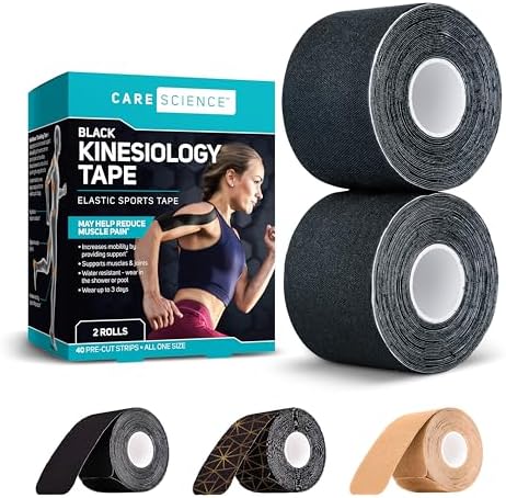 Care Science Waterproof Kinesiology Tape, 40 ct Precut Strips (2 Rolls), Black | Elastic Sports & Weightlifting Tape Supports Muscles & Joints. Water Resistant