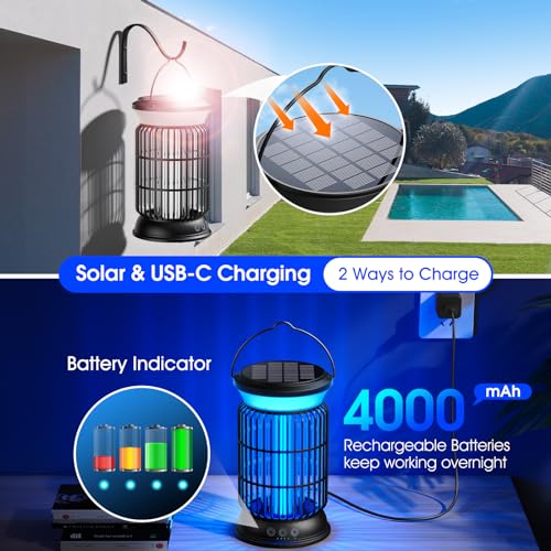 Solar Bug Zapper Outdoor, 4200V Mosquito Zapper, 4000mAh Rechargeable Bug Zapper, Portable Fly Zapper with 9 Modes Light, Waterproof Electric Insect Zapper for Outside, Patio, Backyard, Garden