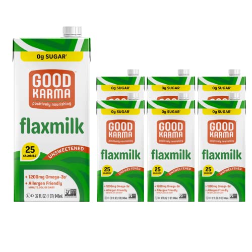 Good Karma Unsweetened Flaxmilk, 32 Ounce (Pack of 6), 0g Sugar + 1200mg Omega-3 Per Serving, Plant-Based Non-Dairy Milk Alternative, Lactose Free, Nut Free, Vegan, Shelf Stable