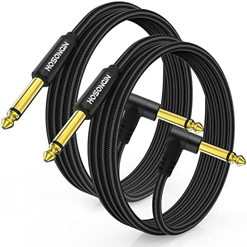 HOSONGIN Guitar Cable 6.6 feet 2 Pack - 1/4 Inch Electric Instrument Cable Bass AMP Cord for Electric Guitar, Bass Guitar, Electric Mandolin, Pro Audio - Black Nylon Braided, 24K Gold Plated Plug