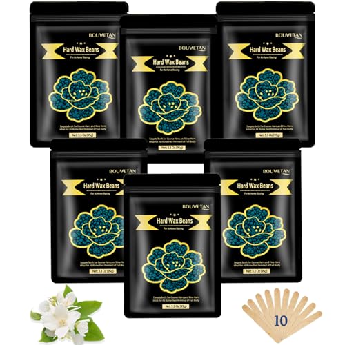 Hard Wax Beads, Bouvetan 1.3Lb/21oz Wax Beads for Brazilian Waxing, Hard Wax Beans for Eyebrow, Face, Bikini for Women Men Hair Removal with 10pcs Wax Spatulas, 6 Packs