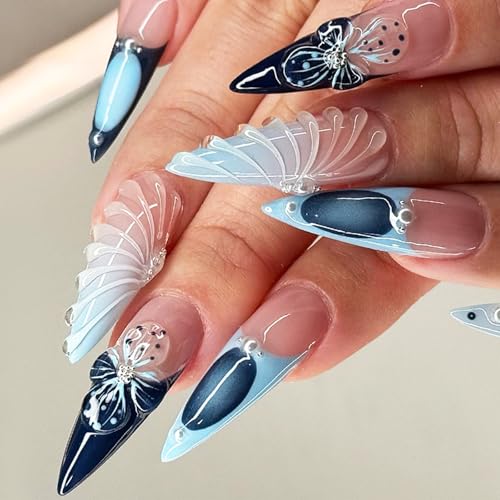 3D Flower Press on Nails 3D Curve Line False Nails French Tips Gel Glue on Long Stiletto Nails Glossy Blue French Tips Acrylic Fake Nails Pearls Stick on Nails for Coquette Women 24 Pcs