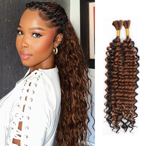 Human Braiding Hair Mix Synthetic Boho, 16 Inch Deep Wave Bulk for Boho Braids 2 Pcs Curly Bohemian Wet and Wavy Braiding Hair (P4/30#, 16 Inch)