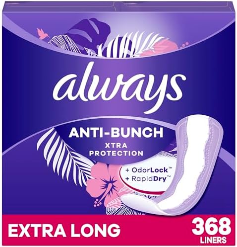 Always Anti-Bunch Xtra Protection, Panty Liners for Women, Extra Long Length, Unscented, 92 Count (Pack of 4) (368 Count) (Packaging May Vary)