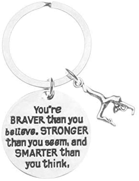 Gymnastics Charm Keychain, Inspirational You’re Braver Than You Believe, Stronger Than You Seem & Smarter You Think Jewelry for Gymnasts, Teams and Coaches