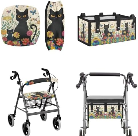 LedBack 3 Pcs Sets Universal Fit Walker Seat Cover Rollator Walker Seat & Backrest Covers, Black Cat Flowers Rollator Storage Under Seat Bag, Easy to Install