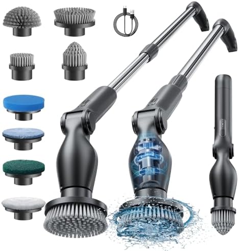 Leebein Electric Spin Scrubber, Cordless Cleaning Brush with 4 Adjustable Angles & 8 Replaceable Brush Heads, 2 Speeds & Remote Control, Long Handle Spin Scrubber for Bathroom Cleaning, Tub, Floor