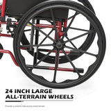 monicare Wheelchairs for Adults Transport Flip Back Padded Arms and Detachable Swing Away Footrests 18" Wide Seat Wheel Chair, 300lb Capacity, Red