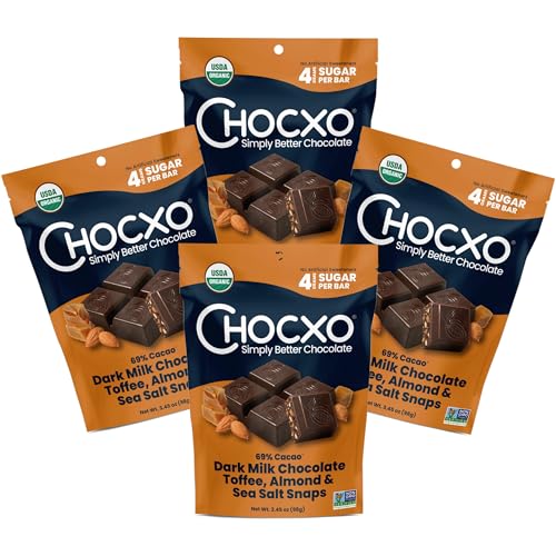 Chocxo Dark Milk Chocolate Toffee, Almond & Sea Salt Snaps - Low in Real Sugar, Organic, Non-GMO, Gluten Free & Kosher, No Artificial Sweeteners or Sugar Alcohols, 3.45 oz (Pack of 4)