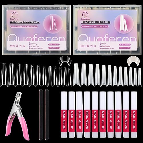 480PCS Coffin Nail Tips for Acrylic Nails Professional Set, XXL Extra Long Acrylic Nail Tips and Glue Set, Half Cover Natural & Clear Coffin Nails Tips, Acrylic Nail Kit with Nail Clippers Nail Glue