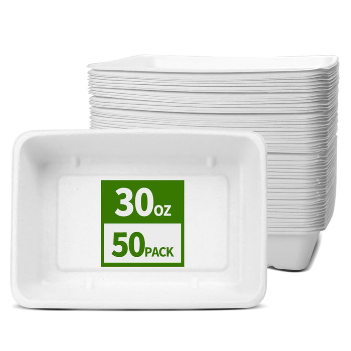 AICHEF 50 Pack 30 oz Compostable Deep Dish Plates, Rectangle Deep Disposable Plates Trays for Burger, Nacho, Taco Salad, Popcorn Snack - 9x6x1.8 inch