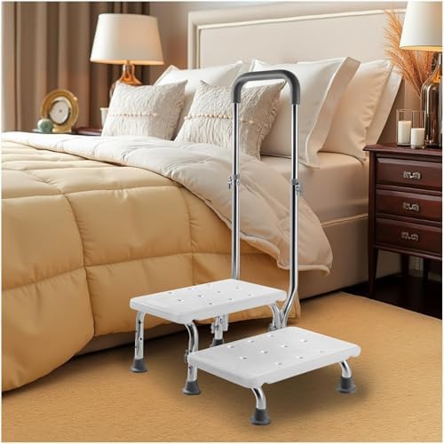 2 Step Stool with Handle for Elderly, Non-Slip Bedside Steps with Adjustable Handrail (450 lbs Capacity)