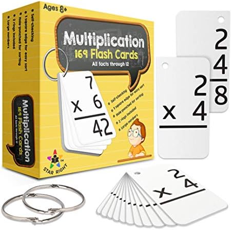 Star Right Math Flash Cards - Multiplication Flash Cards - 169 Hole Punched Math Game Flash Cards - 2 Binder Rings - Multiplication Flashcards, Multiplication Cards, Times Table Flash Cards - Ages 8+