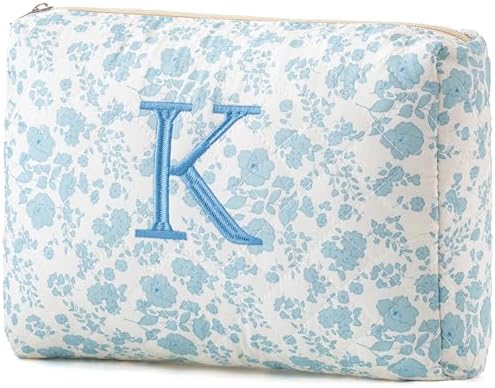 HBselect Initial Makeup Bag, Quilted Makeup Bag, Cotton Large Travel Makeup Bag, Cute Floral Coquette Make up Bag Cosmetic Bag Toiletry Bag for Women Girls K