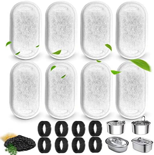 Cat Water Fountain Filters for 108/3.2L& 67oz/2L Stainless Steel Pet Water Dispenser Fountain Filter Replacement with 8 Sponges (8 Filters&8 Sponges)