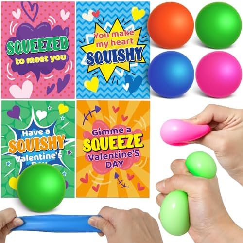 28 Packs Kids Valentine's Day Greeting Cards With Squeeze Ball Set,Valentine Exchange Cards for Girls Boys School Class Prizes, Stretchy Balls Sensory Squeeze Toys,Bulk,Valentine Party Favor for Kids