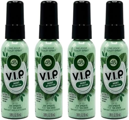 Air Wick V.I.P. Pre-Poop Toilet Spray, Mint Jet Setter, Travel Size, Neutralizes Odors, Contains Essential Oils, Fresh Mint Scent Bathroom Spray, 1.85 Oz (Pack of 4)