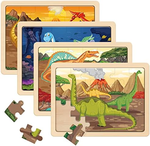 SYNARRY Large Dinosaur Wooden Puzzles for Kids 4 in 1 Gift Box(12.2 * 9.4 in) - FSC Certified, Jigsaw Puzzles for Kids Ages 4-6, Dinosaur Toys Gifts for 3 4 5 Year Old Boys Girls