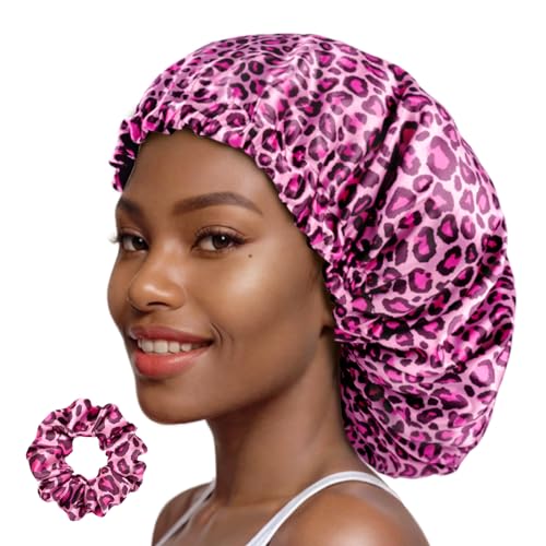 PARISBELLA Reversible Silk Satin Bonnet For Sleeping, Adjustable Sleep Cap for Curly Hair, Chic Hair Wrap With Scrunchy, Leopard, Large, Pack of 1