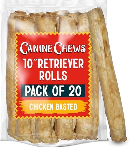 Canine Chews 10" Chicken Basted Dog Rawhide Retriever Rolls (20 Pack) - Chicken Rawhide Bones for Large Dogs - Chicken Basted Natural Beef Dog Rawhide Chews - Healthy Dog Dental Chew Rawhides