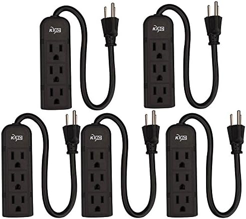 KMC 3-Outlet Power Strip Power Extension Cord 5-Pack,Outlet Saver,1-Foot Cord, ETL Listed