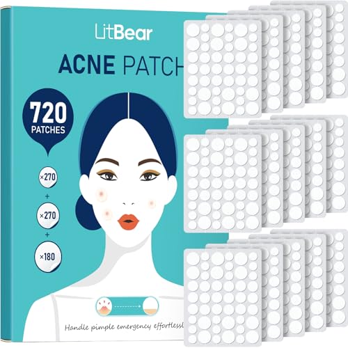 LitBear Pimple Patch Bulk, 720 Patches 3 Size Acne Patches for Face, Hydrocolloid Spot Stickers for Covering Zits, Blemishes, and Breakouts, Suitable for All Skin Types