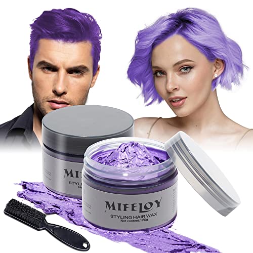 2 Pack Temporary Purple Hair Spray Color Wax with 1 Dye Brush, Instant Natural Violet Hairstyle Cream 4.23 oz, Disposable Coloring Mud for Men Women, Washable Styling Pomades, Party Cosplay Halloween