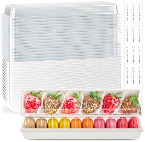 Ocmoiy 50 Pack Strawberry Boxes with Clear Lids, 12 x 2.6 x 2 Inches Macaron Packaging Boxes To Go Dessert Containers for Chocolated Covered Strawberries, Cocoa Bombs, Cookies, Truffles