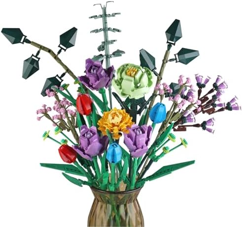 Flower Bouquet Building Set Compatible with Lego Flowers for Adults Plants and Flowers Botanical Collection for Home Décor or Office Décor Unique Gift for Her or Him (VASE NOT Included)