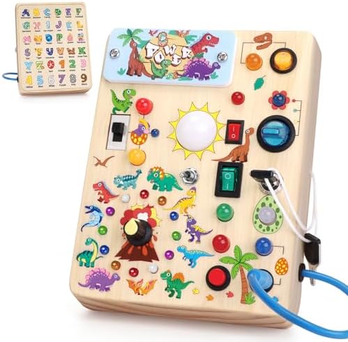 Dinosaur Busy Board,Montessori Toys for 1-3 Years Old, Wooden Toddler Toys, Sensory Travel Toys, Ideal Gift for 1+ Year Old Boys (Dinosaur Busy Board Plus V2)