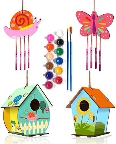 4 Pack DIY Bird House Wind Chime Kits for Children to Build and Paint, Wooden Arts and Crafts for Kids Girls Boys Toddlers Ages 8-12 4-6 6-8