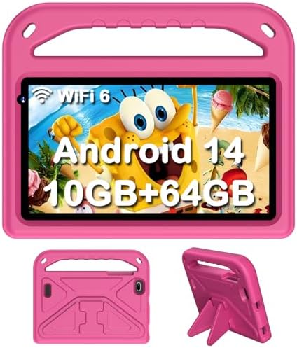 Android 14 Tablet for Kids 7 Inch, 10GB RAM 64GB ROM Toddler Tablet, Parental Control, 2.4G/5G WiFi 6, 1.8Ghz Octa-Core, Dual Camera, GMS, Kids IWAWA App Pre-Installed-Pink