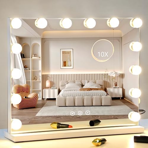 Vanity Mirror with Lights Lighted Makeup Mirror with Dimmable LED Bulbs,3 Color Lighting Modes,USB Charging Port Touch Control,Sturdy Metal Frame Design,White (50x40cm, 4.70)
