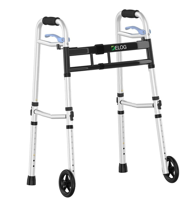Delog Folding Walker for Seniors with 5” Front Wheels, Width Adjustable Compact Standard Walker Support Up to 350lbs, Lightweight Folding 2 Wheels Walker for Seniors, Adults