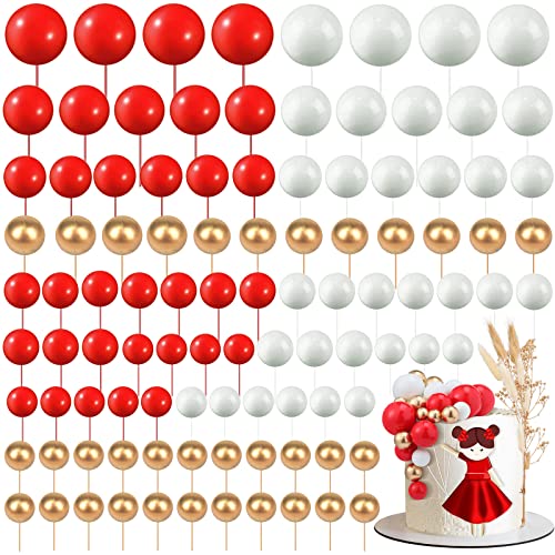 108 Pcs Balls Cake Topper DIY Cupcake Insert Foam Balloons for Cake Baking Wedding Anniversary Birthday Decoration(Red, White, Gold,Multi Sizes)