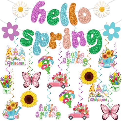 Biswiter 34Pc Spring Party Decorations, Hello Spring Decor include 2Pc Hello Spring Banner 32Pc Hanging Spring Decorations, Butterfly Hanging Decorations Spring Decorations for Home Office Classroom