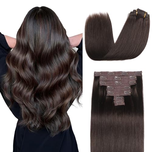 Sisily Clip in Hair Extensions Real Human Hair, Premium Human Hair Clip in Extensions Dark Brown, Soft Straight Hair Extensions Real Human Hair Clip ins 7PCS Double Weft（20 Inch #2）