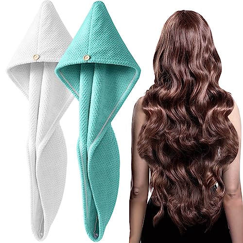 YFONG 2 Pack Large Microfiber Hair Towel Wrap for Women, Thicken Super Absorbent Quick Dry Hair Turban for Drying Curly Long Thick Hair Anti Frizz, Hair Drying Towel with Button for Wet Hair