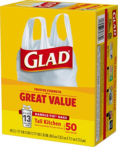 Glad Trash Bags, Tall Kitchen Handle-Tie Garbage Bags - 13 Gallon White Trash Bag - 50 Count (Package May Vary)